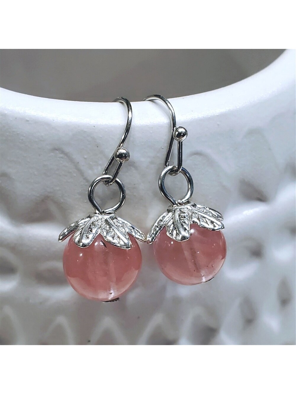 Cherry Quartz Gemstone Dangle Silver Platinum Plated Artsy Leaf Capped Earrings - Picture 7 of 11